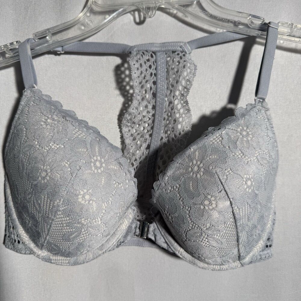H&M Light Blue Lace Racerback Bra 34C Underwire Floral Lace Lingerie